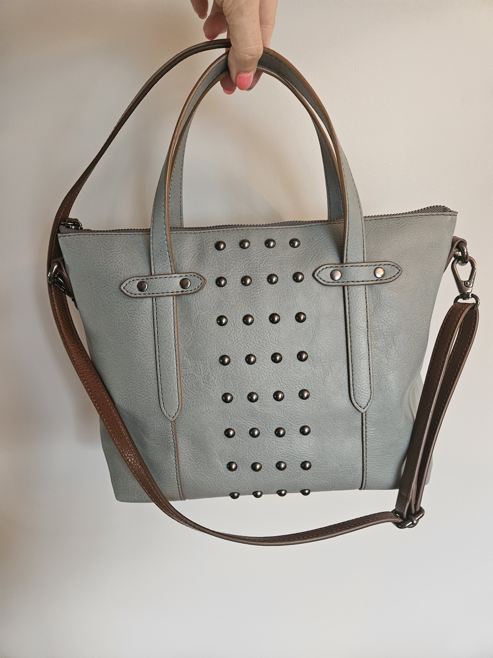 Fossil Two-Tone Studded Satchel Crossbody Bag in Light Gray & Brown
